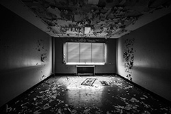 abandoned office with venitian blinds, room perspective in black and white picture