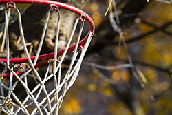 panier de basket avec son filet et des feuilles d'Automne