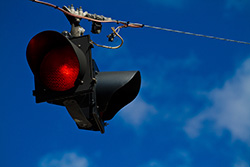 road light on wire in street