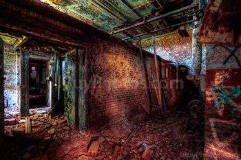 Abandoned factory interior with door and scale, HDR photo