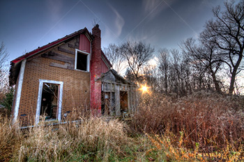 Abandoned house among bushes and tree in HDR photograph