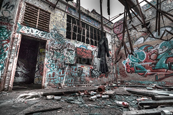 Manteau sale et poussiéreux suspendu dans usine abandonnée lugubre, HDR