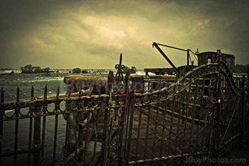 Abandoned port with metal structure in colored photo