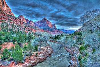 Zion park HDR and North Fork Virgin River, mountains and sky
