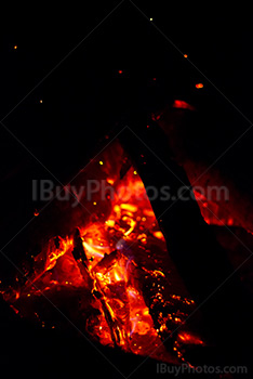 Short red flames and embers in campfire