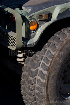 Military jeep vehicle with bumper and wheel