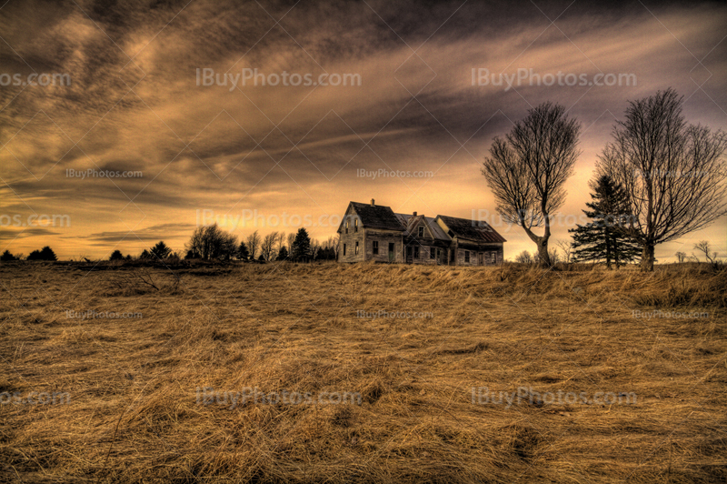 Vieille maison abandonnée dans un champ avec arbres et ciel nuageux, photo HDR
