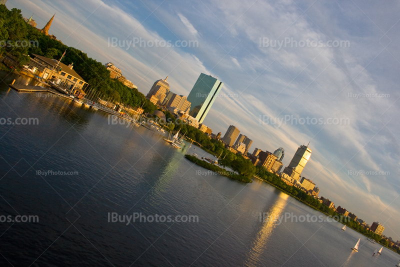 Boston Back Bay and Charles River, sunset on skyline