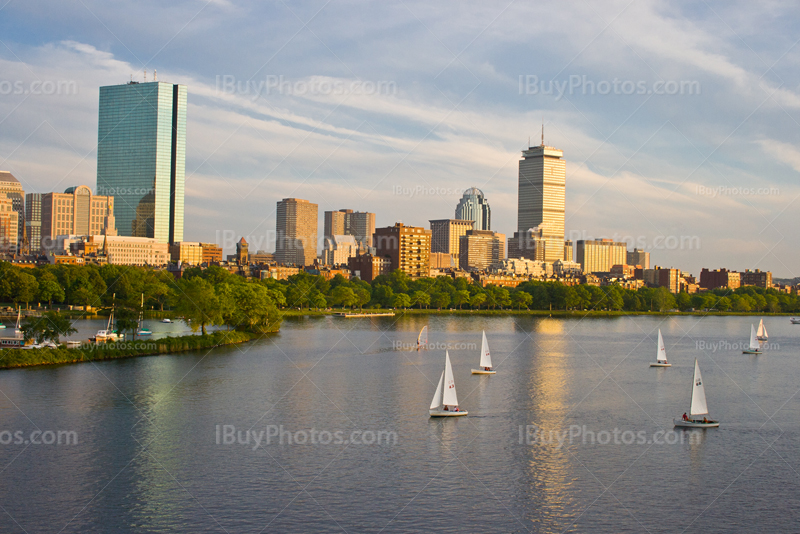 Sunset on Back Bay and Boston skyline with Hancock Tower