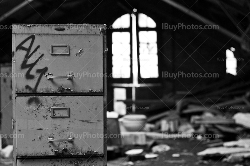 Drawers in black and white photo in abandoned office