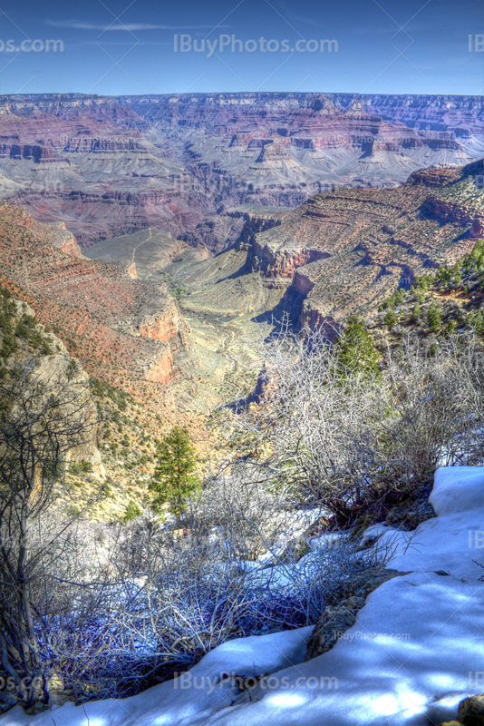Grand Canyon view, with bushes and snow, HDR photo