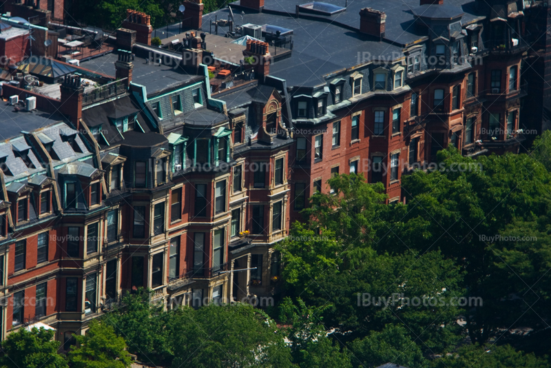 Aerial view of Boston houses with rooftops on Commonwealth Avenue