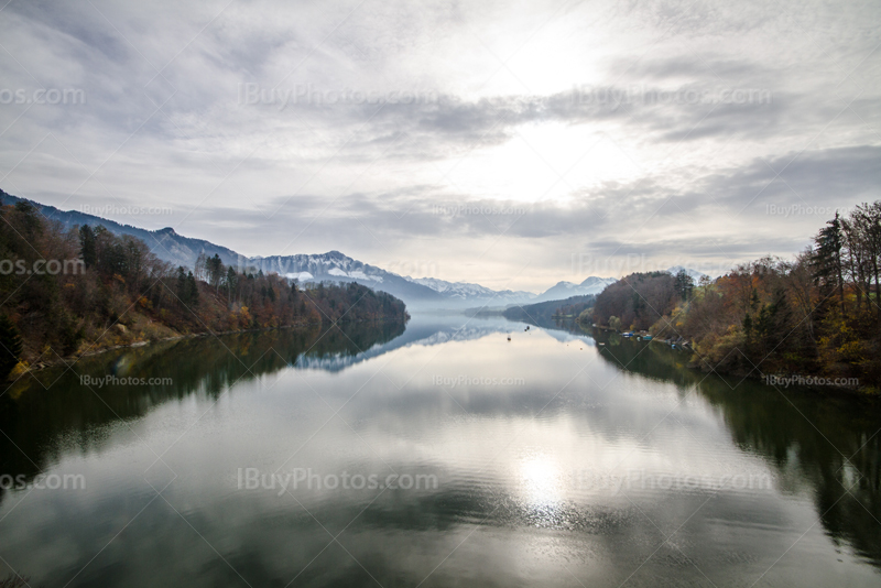 La Gruyere lake with Swiss mountains