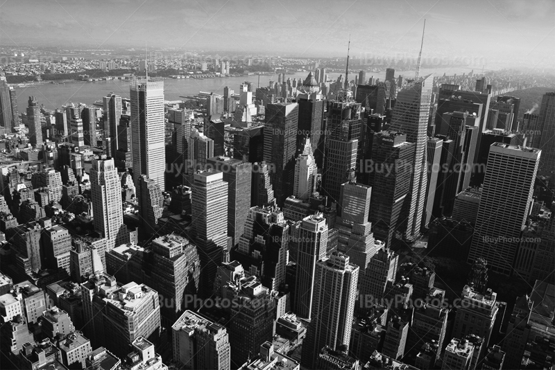 New York City, Manhattan and skyscrapers view, black and white photo