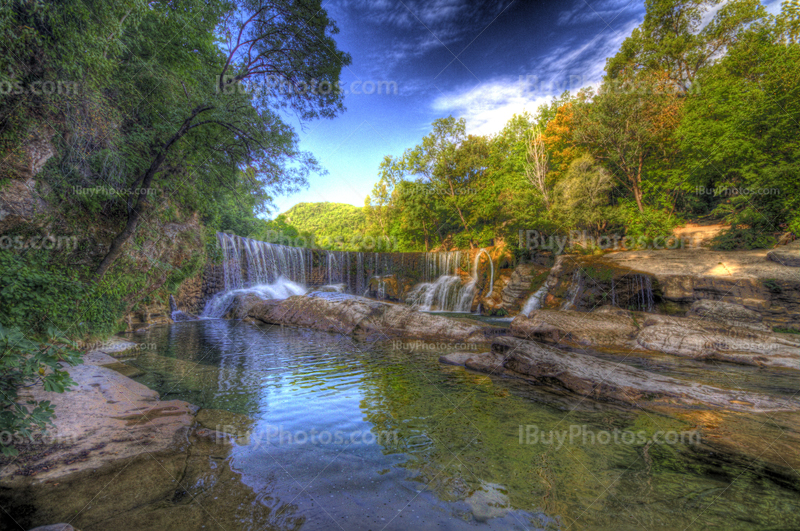 Vis river HDR in South of France, with waterfall and water reflection