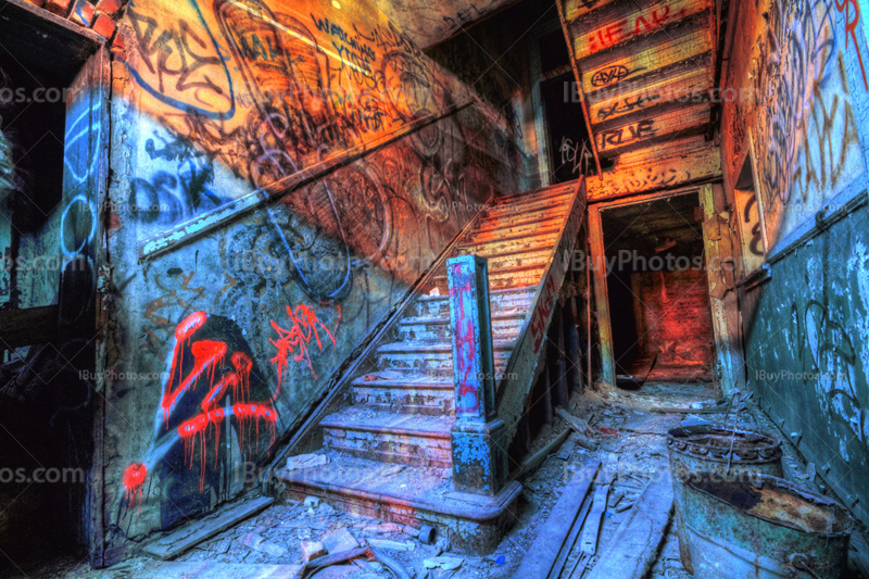 Stairs art in hall entrance of abandoned house in HDR