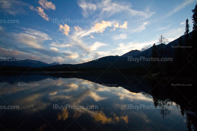 Pyramid Lake at sunset in Jasper National Park, Canada