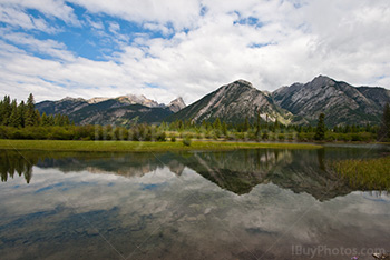 Mountains reflection in lake water in the Canadian Rockies