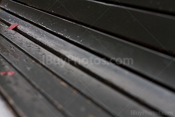 Gouttes de pluie et feuilles sur un banc