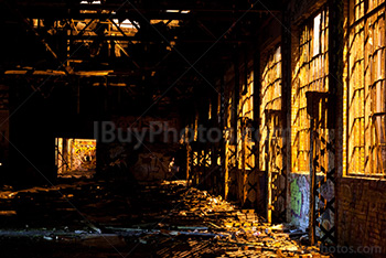 Abandoned building perspective with door and broken windows