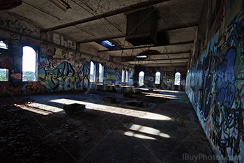 Sunlight through windows in abandoned building