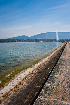 Geneva Jet d'Eau and Leman Lake in Switzerland from stone jetty