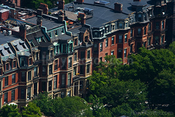 Aerial view of Boston houses with rooftops on Commonwealth Avenue