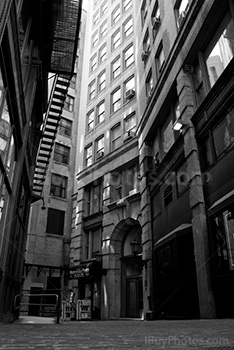 Black and white back alley in Boston streets